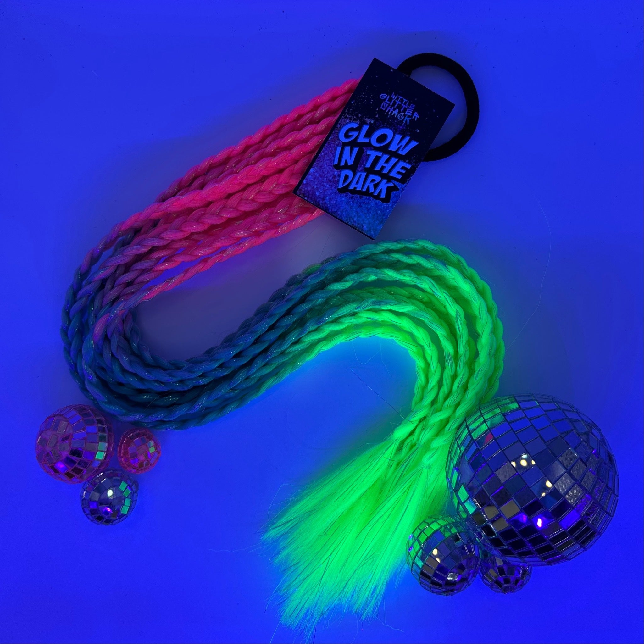 GLOW IN THE DARK 9-Strand Plaited Reusable Ponytail with Tinsel – 100g